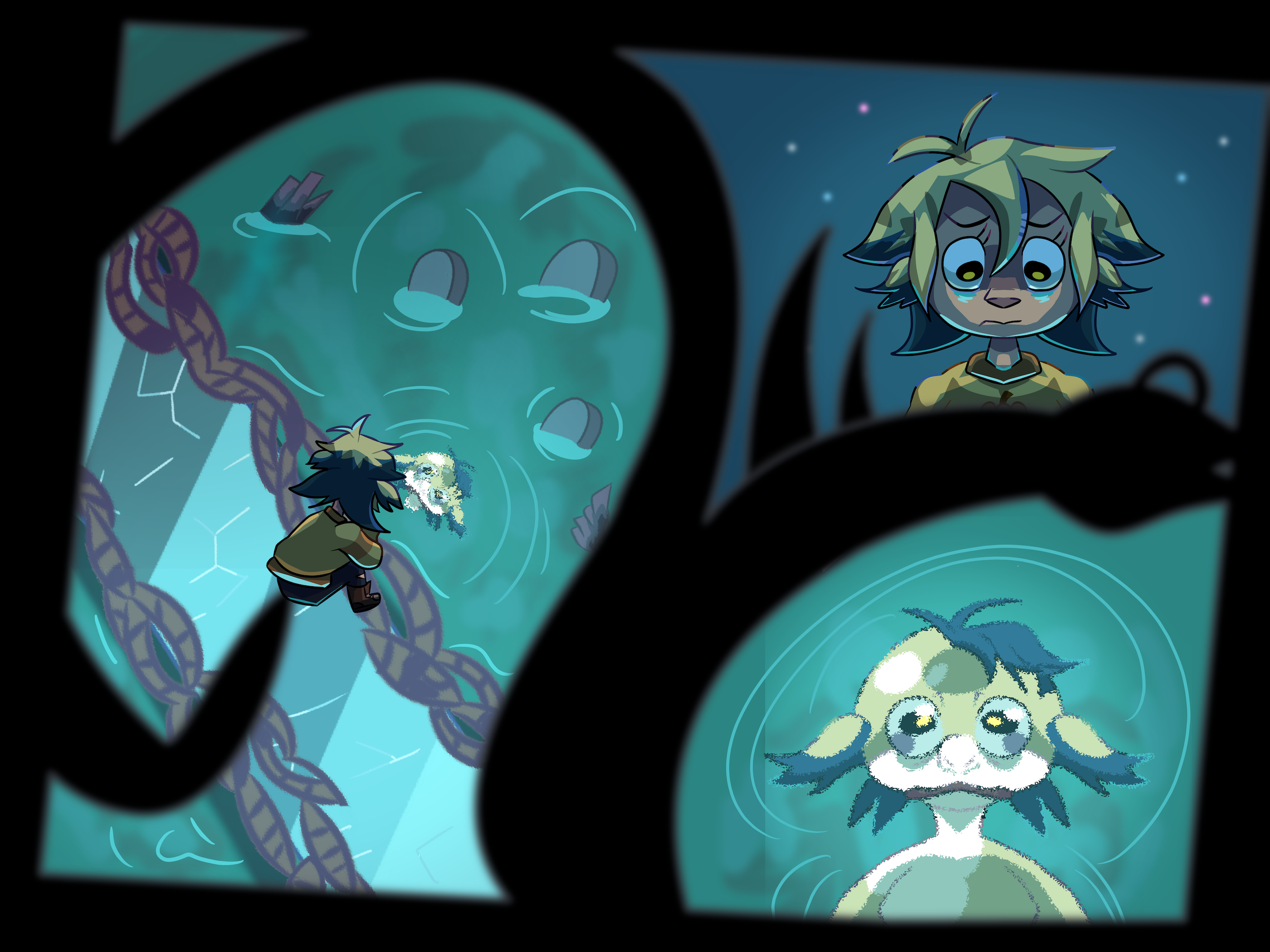 A three-image digital drawing of Vee from The Owl House. The image takes place immediately after the show's Thanks to Them episode in the middle of the night. In the first image, a human Vee is sitting on an ice bridge right next to the water. Around the water are various grave stones and other objects. Vee is staring down at her reflection of her Basilisk form. In the second image, a close-up of human Vee is shown looking down at the water with a bit of a saddened expression. The night sky can be seen in the background. In the third image. A basilisk Vee reflection looks up from the water with a somewhat similar expression. The border of the drawing is Vee's tail, ending in a pointed end with a piercing-like addition.
